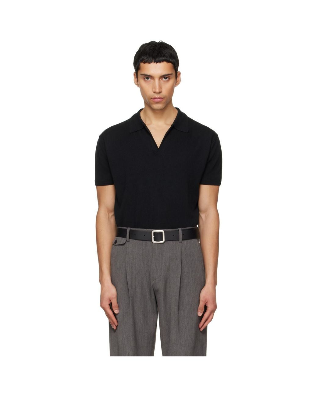 TONYWACK Black Silk Cashmere Open Collar Knit Polo for men