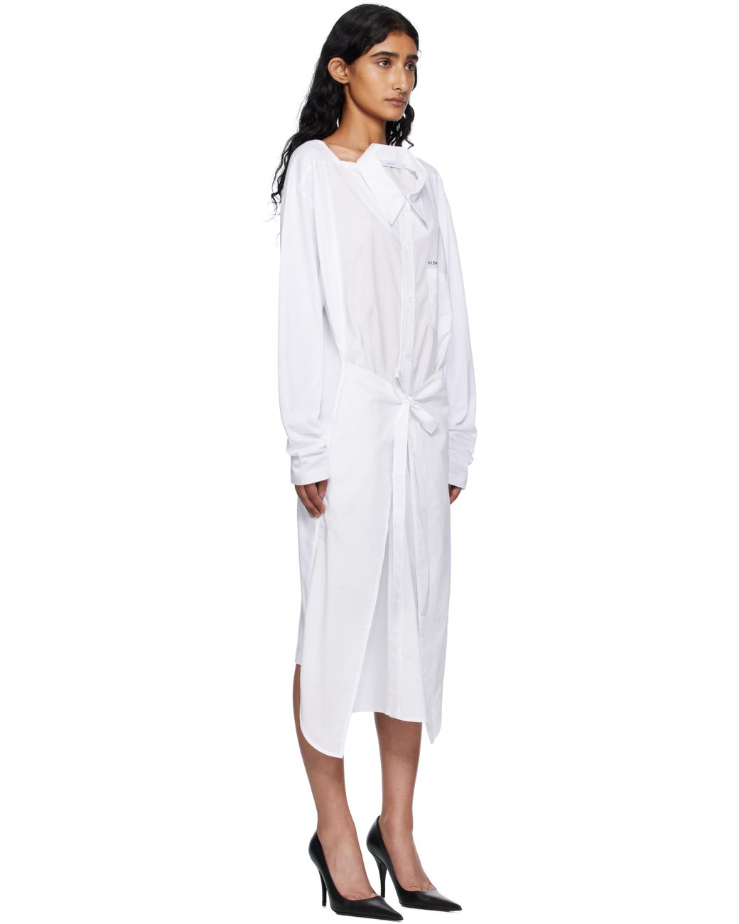 Pushbutton Black Movable Collar Wrap Midi Dress