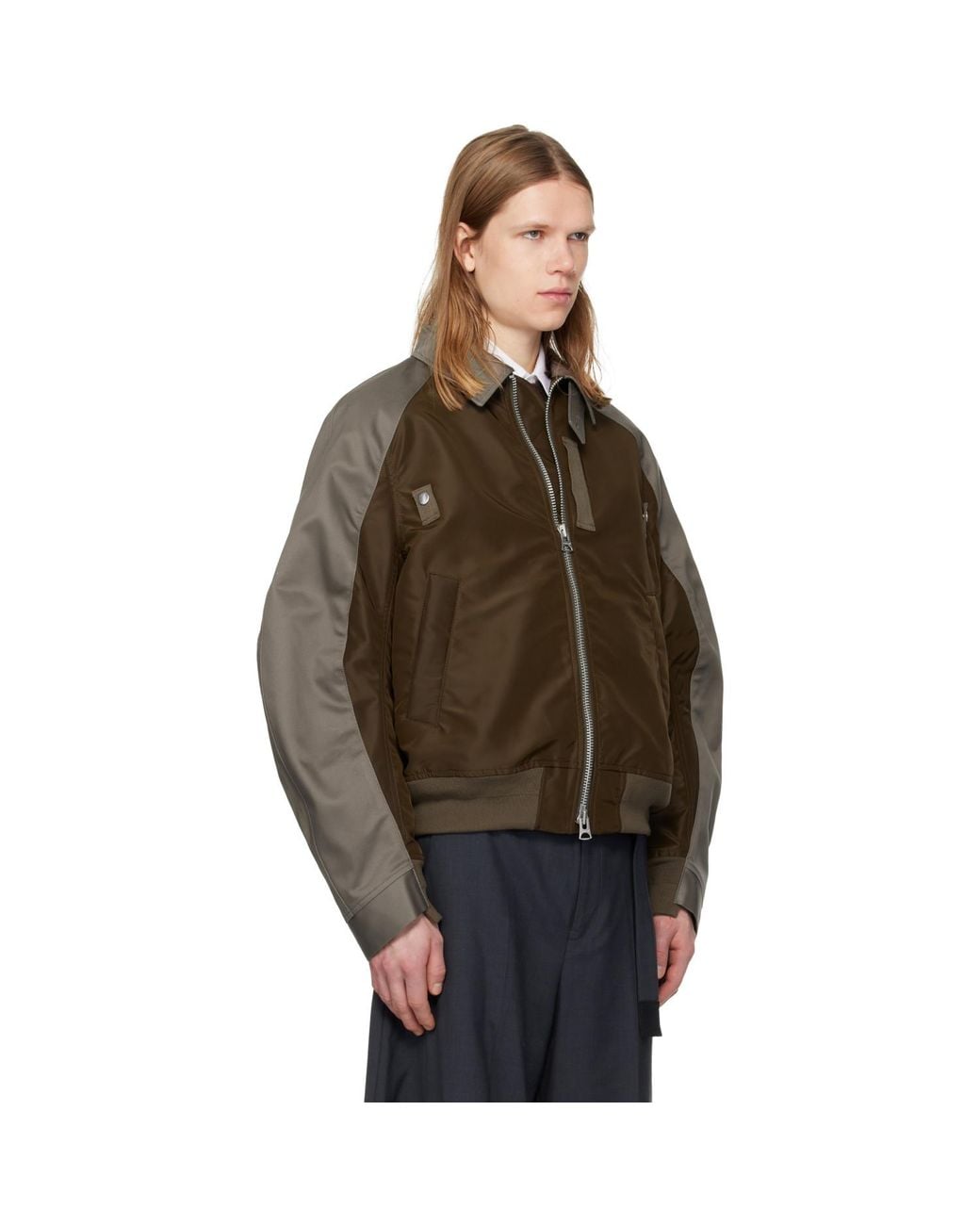 Sacai Brown Cotton Chino & Nylon Twill Bomber Jacket for men