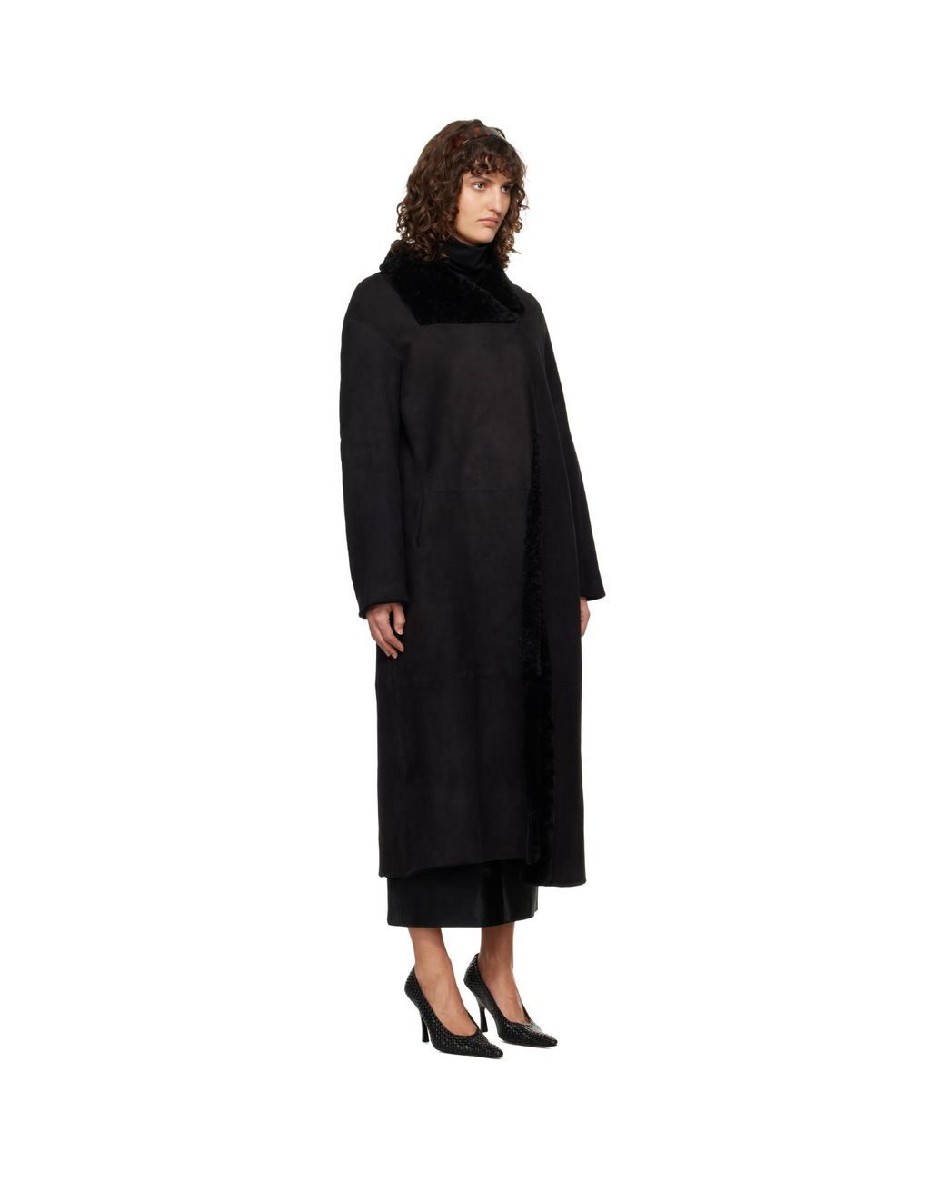Nour Hammour Black Draped Shearling Birthday Coat