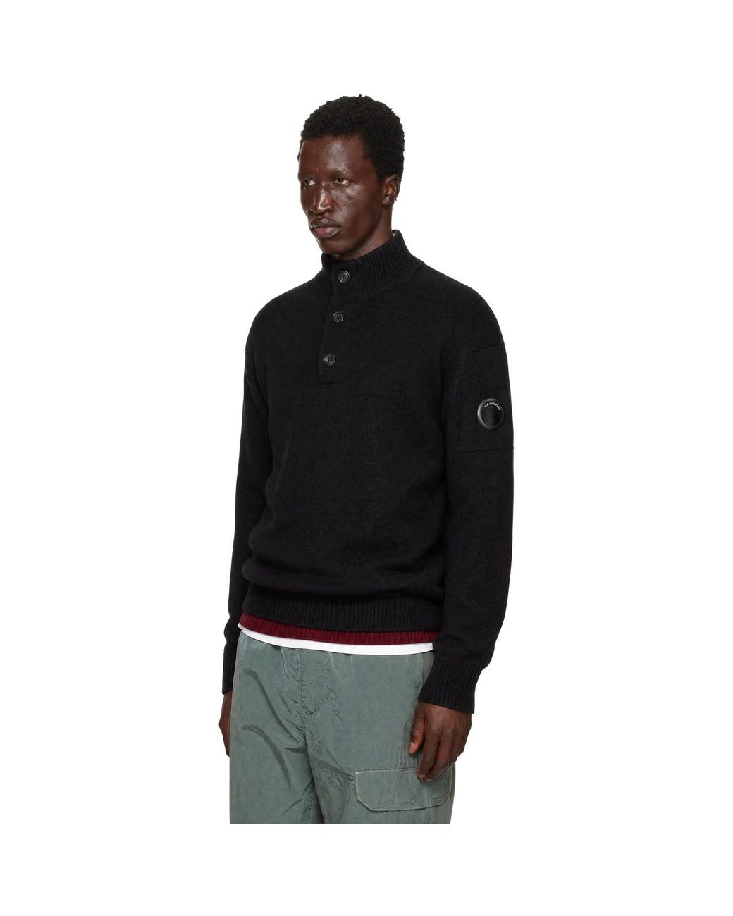 C P Company Black Lambswool Grs Half Button Sweater for men
