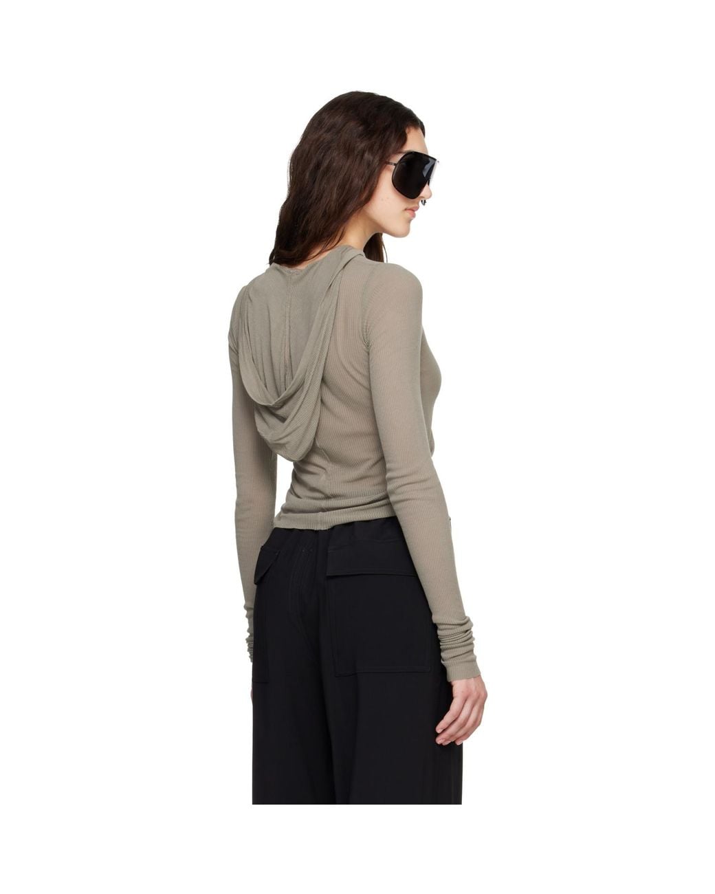 Rick Owens Multicolor Taupe Tower Cropped Hooded Rib Ls T-Shirt