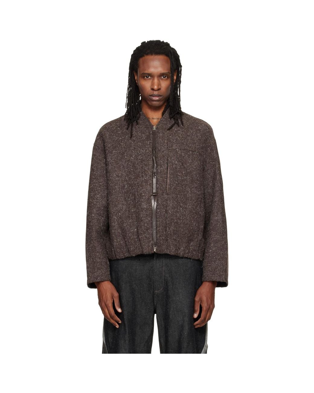 NULLUS Brown Wool Strapped Zipper Blouson Jacket for men