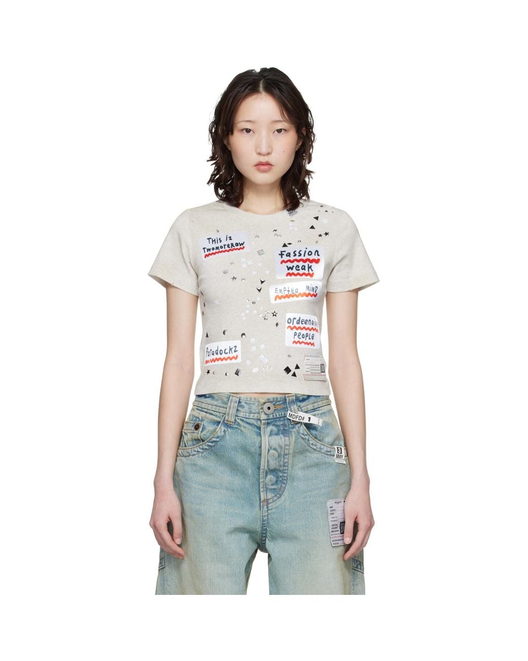 Maison Mihara Yasuhiro White Taupe Embellished Sticker Mini T-Shirt