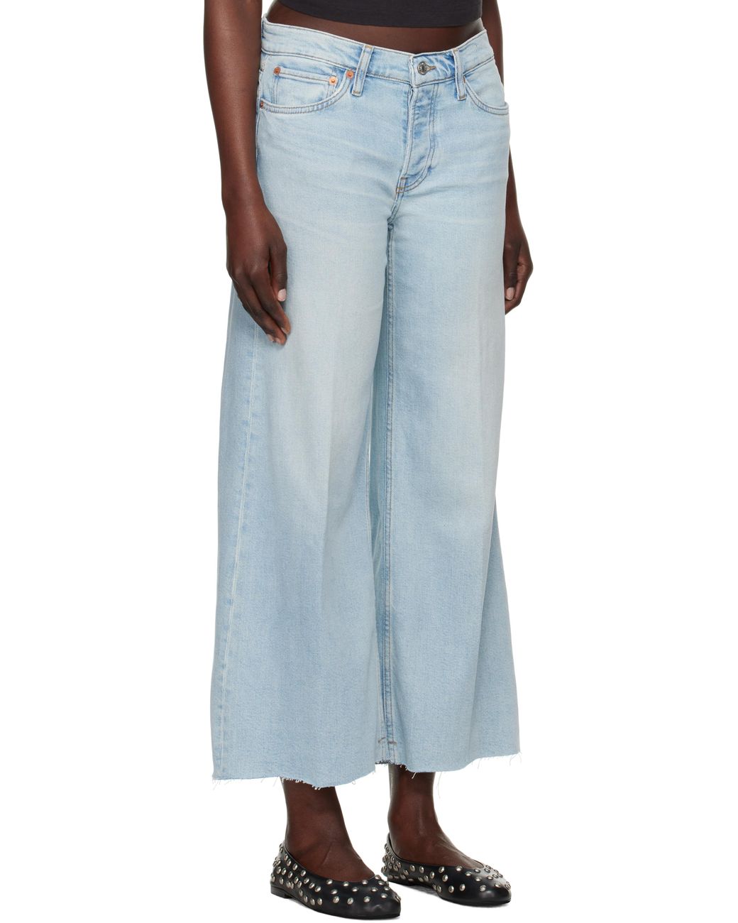 Re/done Blue Comfort Stretch Mid Rise Wide Leg Crop Jeans