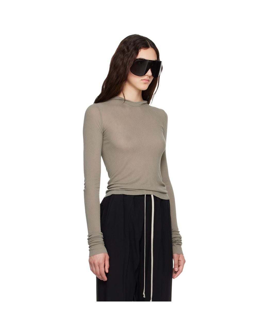 Rick Owens Multicolor Taupe Tower Cropped Hooded Rib Ls T-Shirt