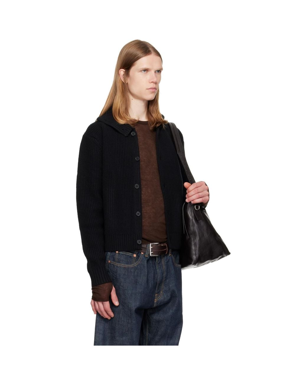 TONYWACK Black High Neck Merino Wool Button-Up Cardigan for men
