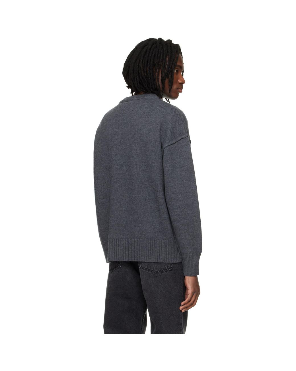 AMI Black Wool Contrasted Ami De Coeur Crewneck Sweater for men