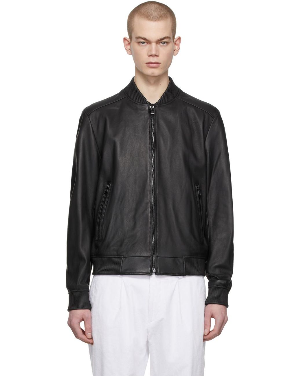 BOSS by HUGO BOSS Black Bomber Leather Jacket for Men | Lyst
