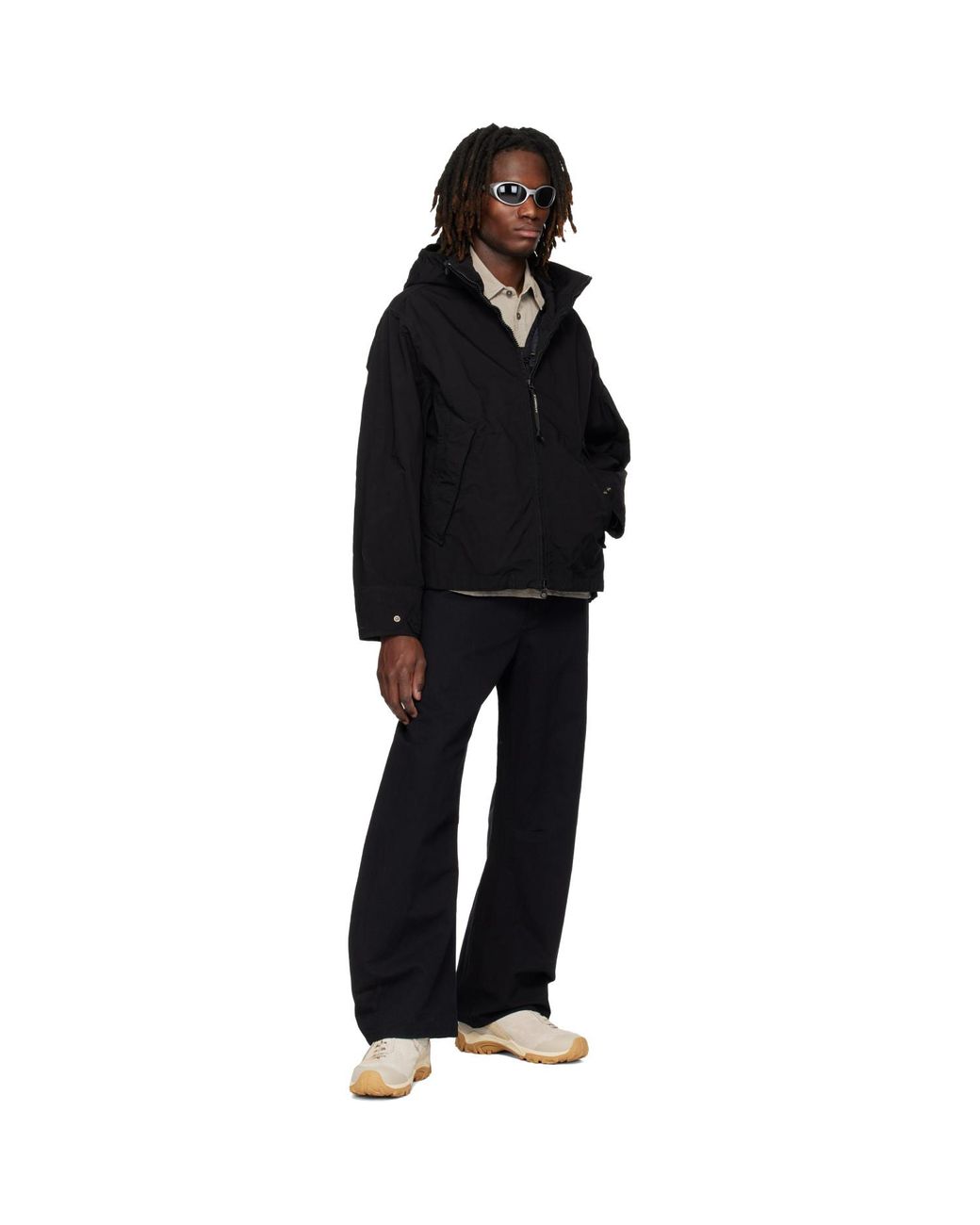 C P Company Black Twill Hooded Lens Jacket for men