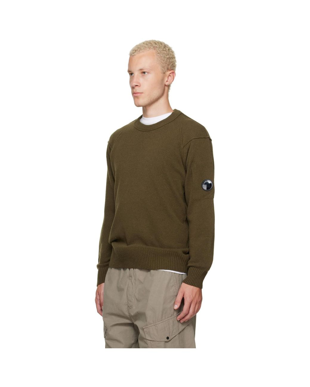 C P Company Green Khaki Lambswool Lens Crewneck Contrast Sweater for men