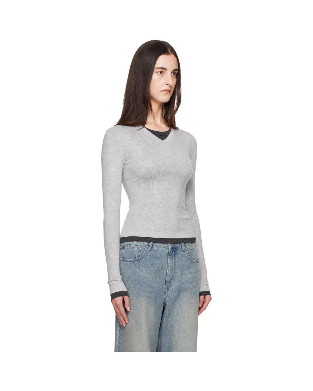 St. Agni Gray Organic Cotton V Neck Long Sleeve T-Shirt