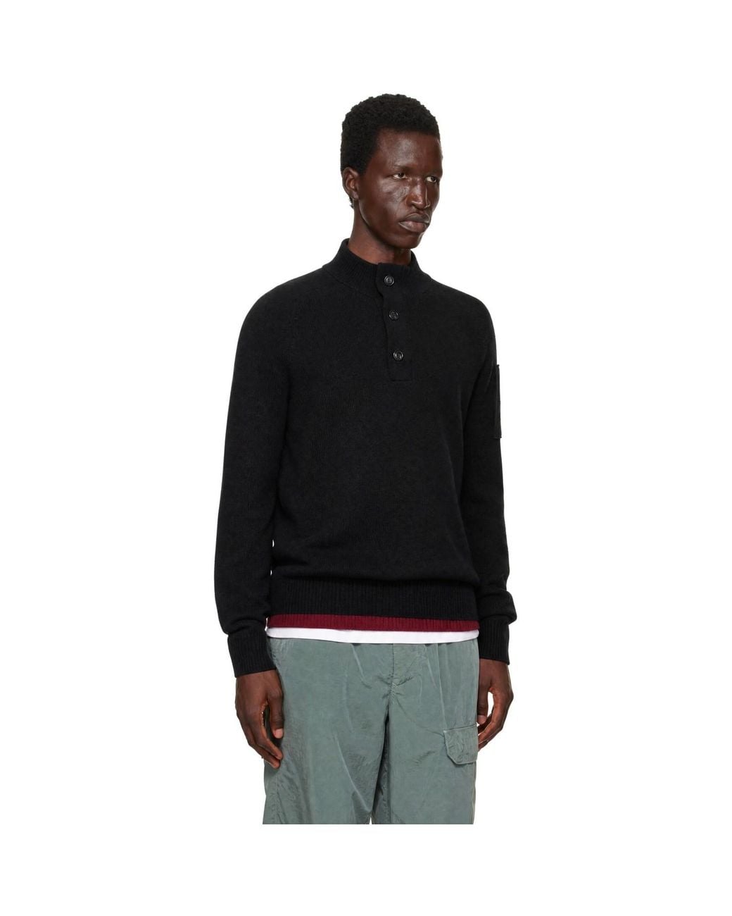 C P Company Black Lambswool Grs Half Button Sweater for men