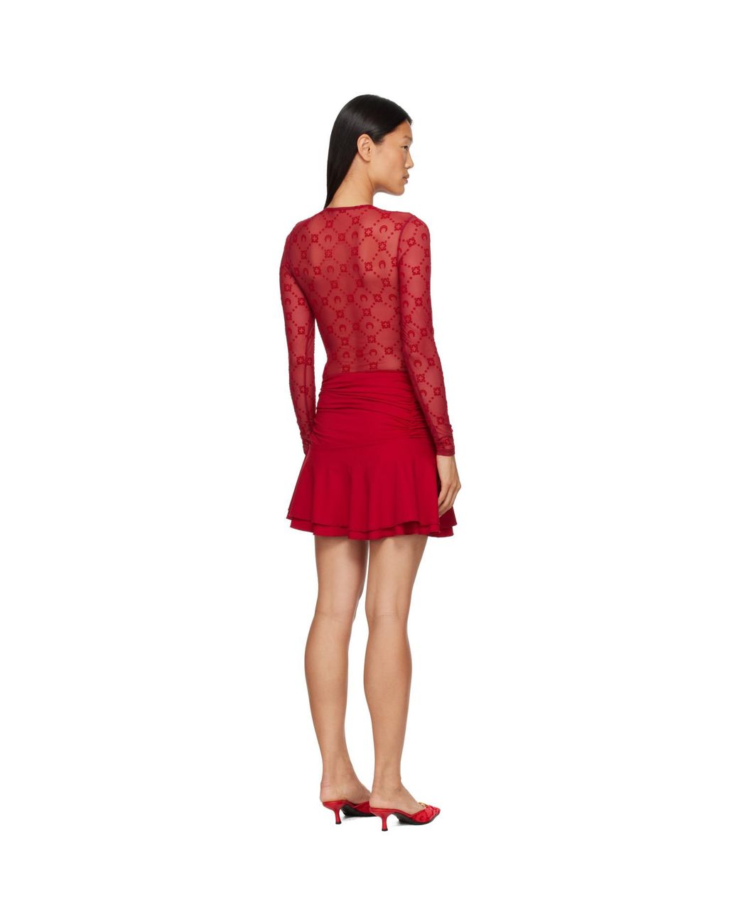 MARINE SERRE Red Monogram Mesh Flock Ruffles Minidress
