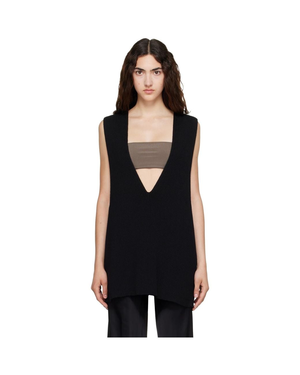 Rick Owens Black Tower Wool Knit V Neck Vest