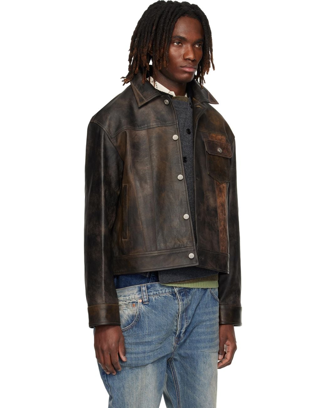ANDERSSON BELL Black Leather Patchwork Trucker Jacket for men