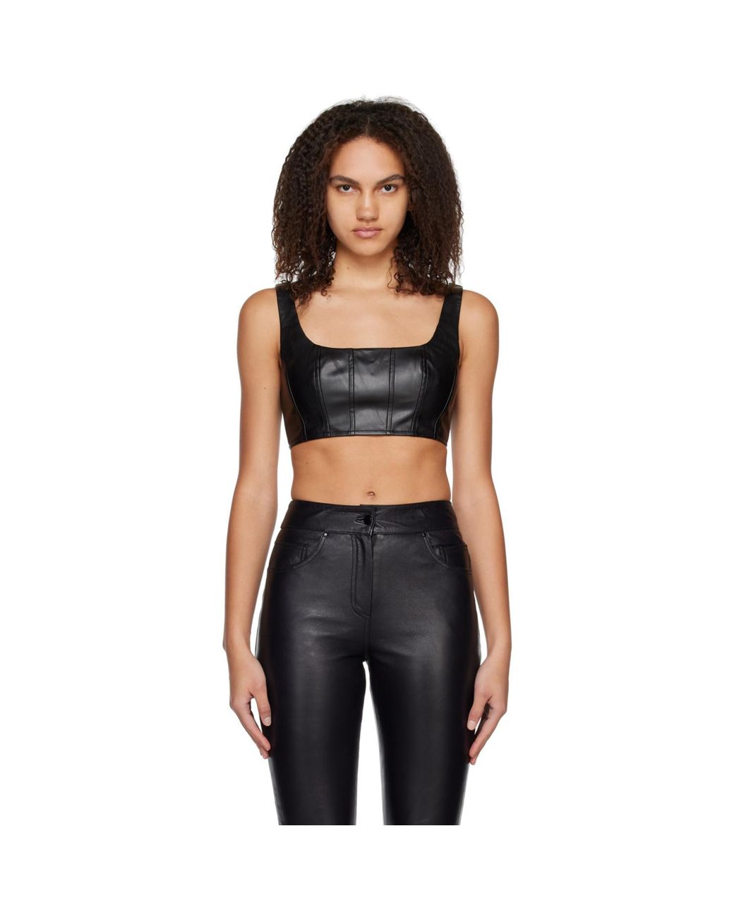 Staud Black Cropped Wells Faux-Leather Tank Top