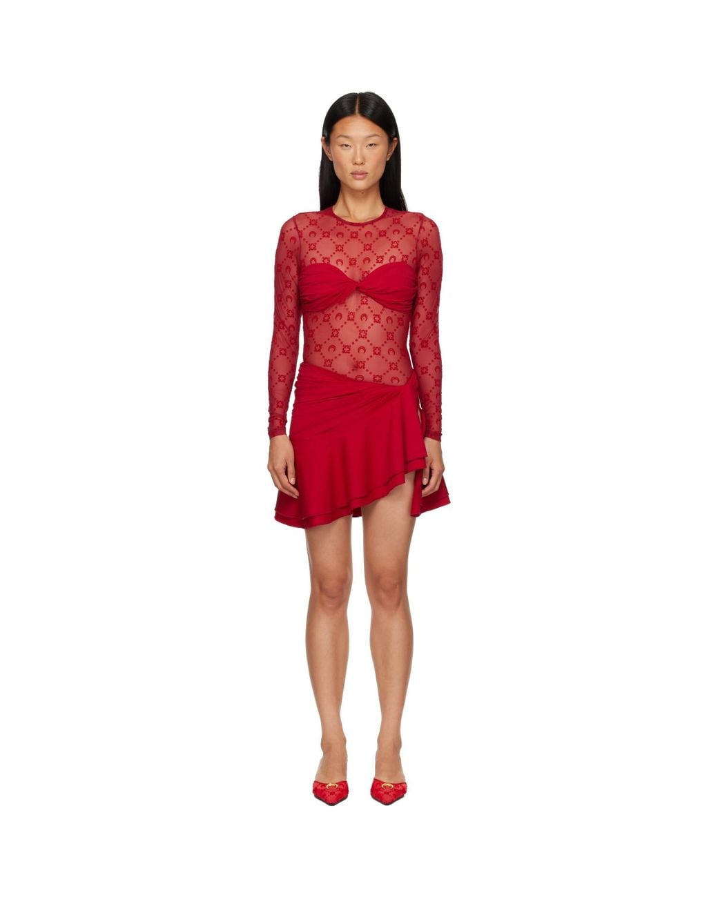 MARINE SERRE Red Monogram Mesh Flock Ruffles Minidress