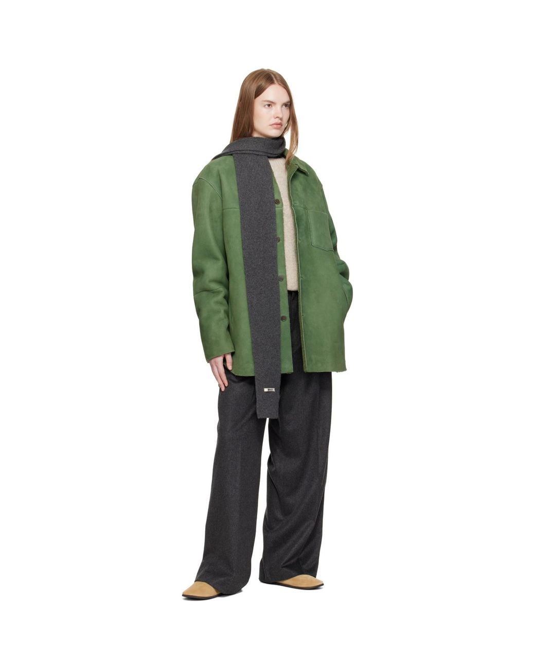 Auralee Green Merino Mouton Shearling Shirt Jacket