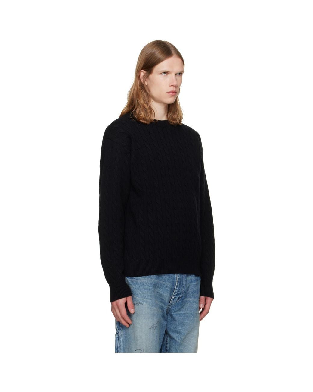 vowels Black Cable Knit Crewneck Sweater for men