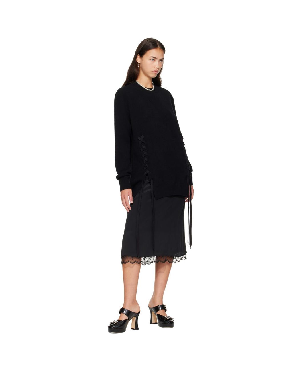Simone Rocha Black Merino Lace Up Hem Jumper