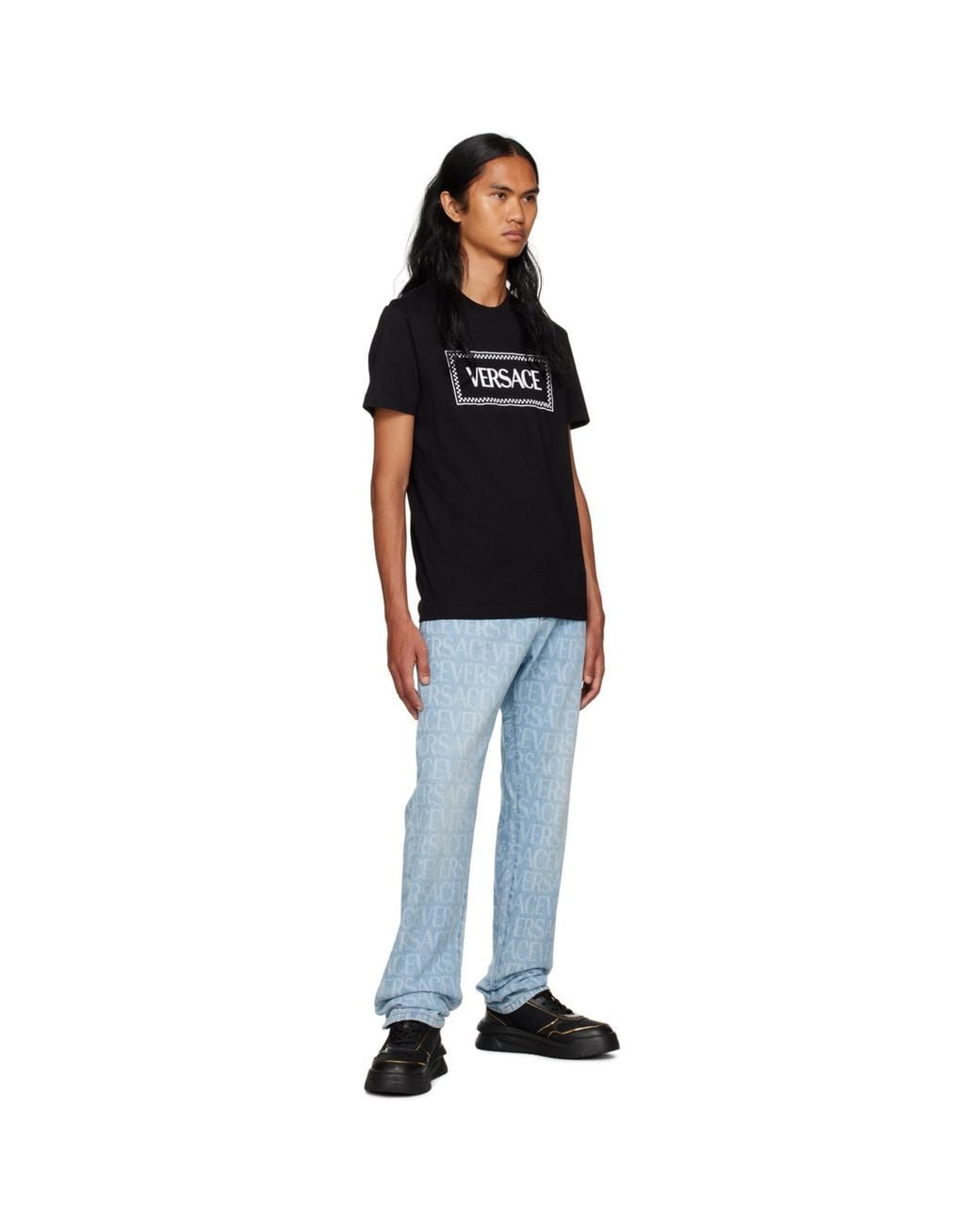 Versace Black Logo Metallic Trim Sneakers for men