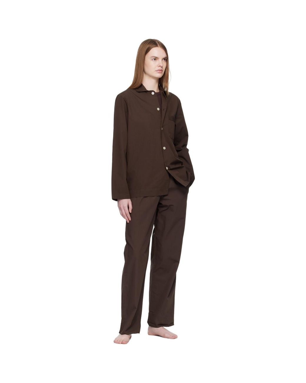 Tekla Brown Poplin Long-Sleeved Pyjama Shirt