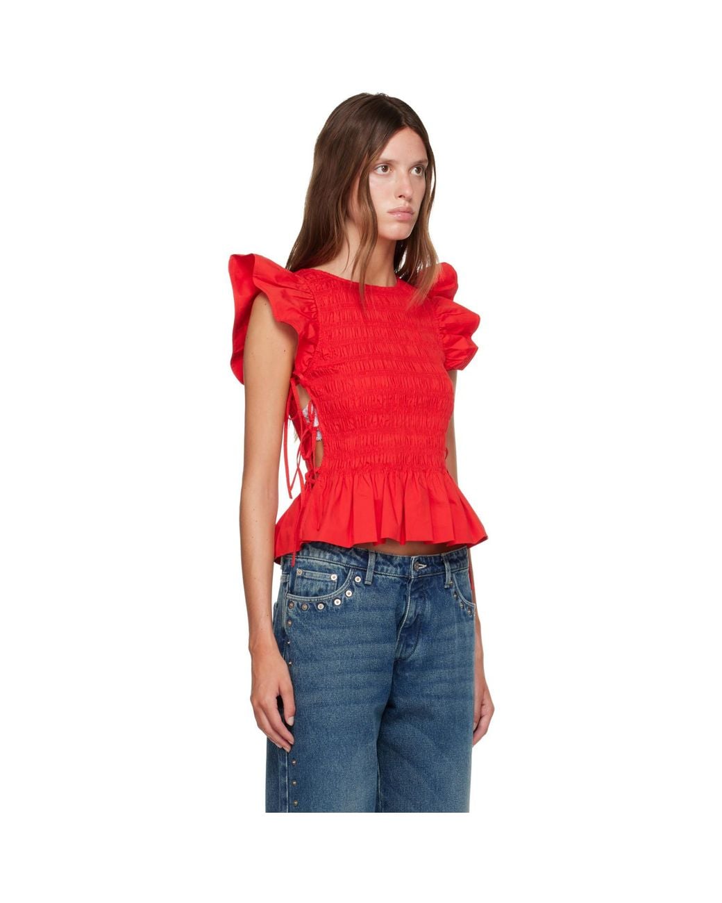Ganni Red Smocked Cotton Blouse