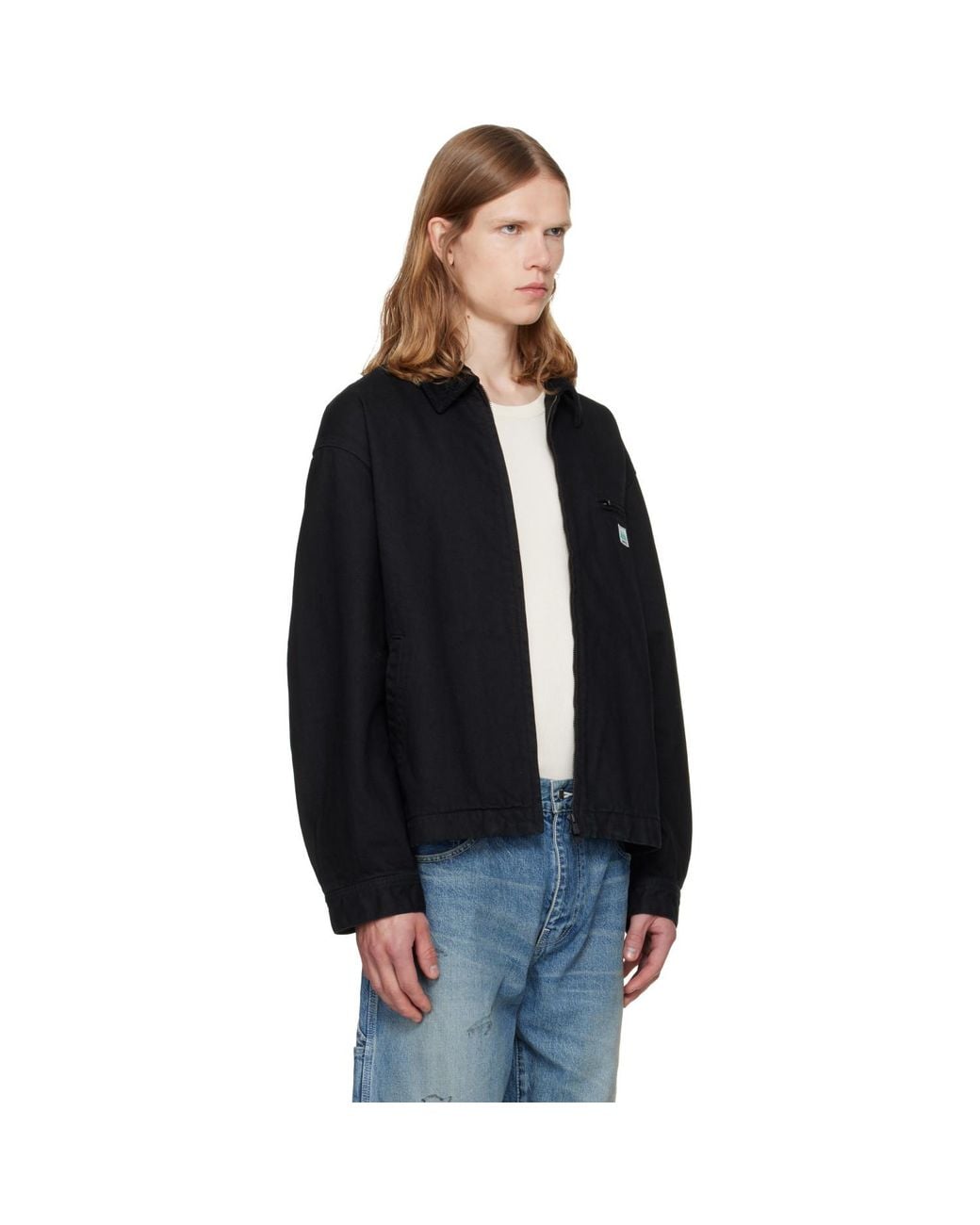 vowels Black Cord Collared Zip-Up Denim Jacket for men