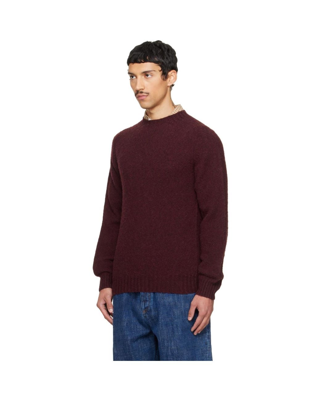 Drake's Red Burgundy Brushed Shetland Crew Neck Sweater for men
