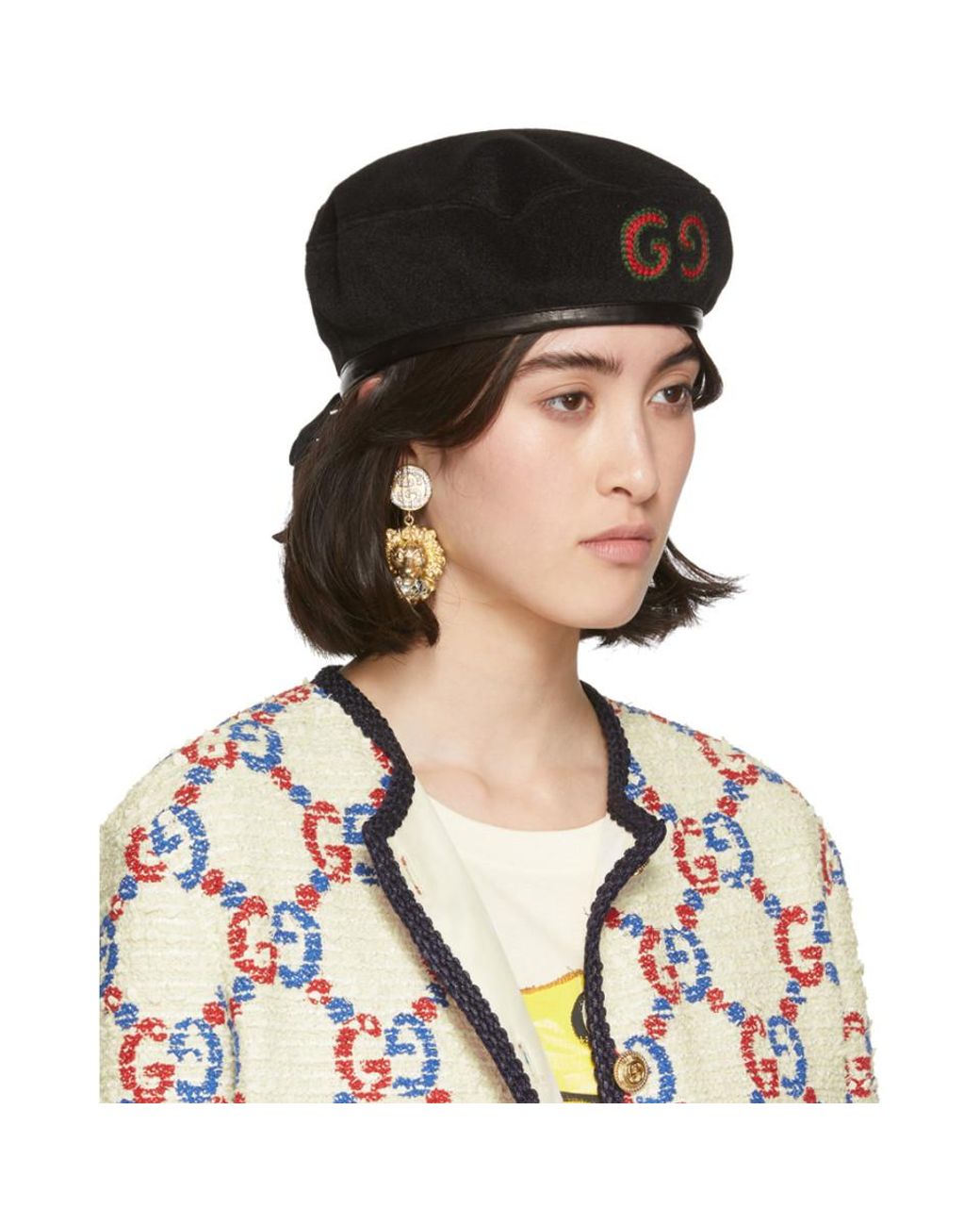 Gucci Black Wool GG Patch Beret | Lyst