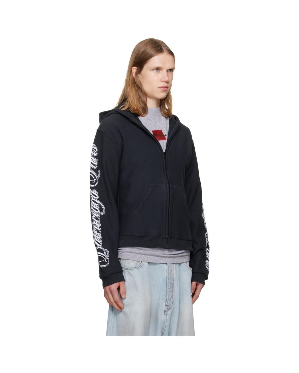 Balenciaga Black Cursive Zip-Up Regular Fit Hoodie for men
