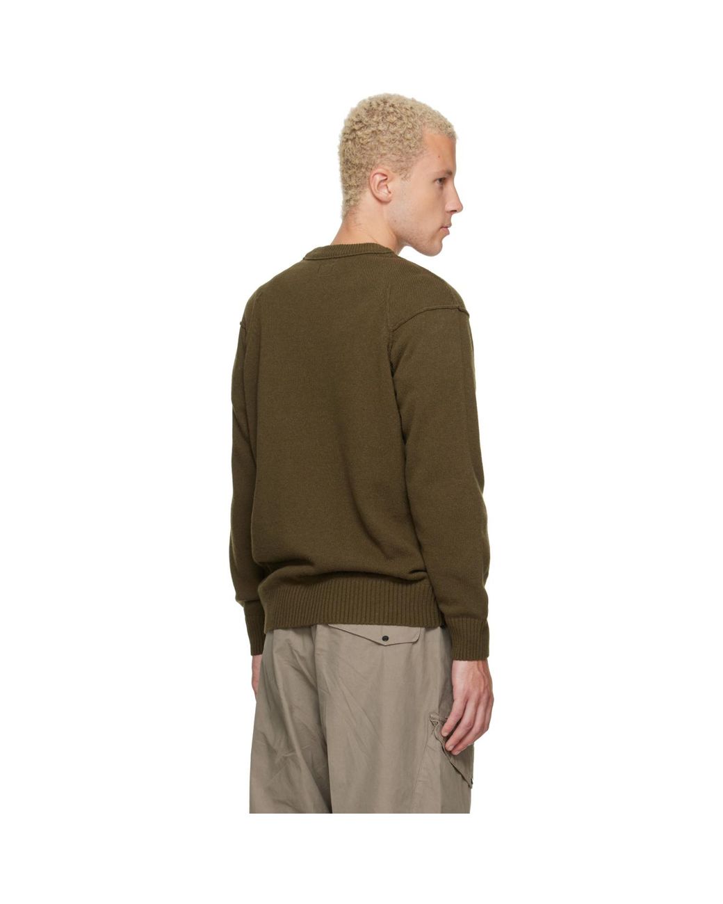C P Company Green Khaki Lambswool Lens Crewneck Contrast Sweater for men