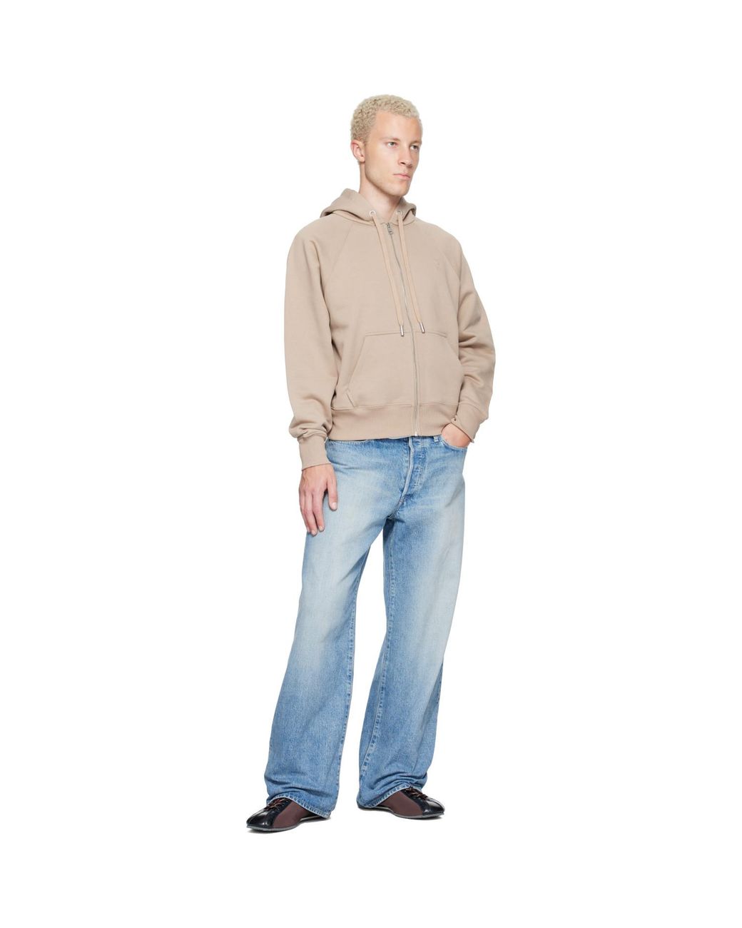 AMI Natural Zipped Cotton Embossed Ami De Coeur Hoodie for men