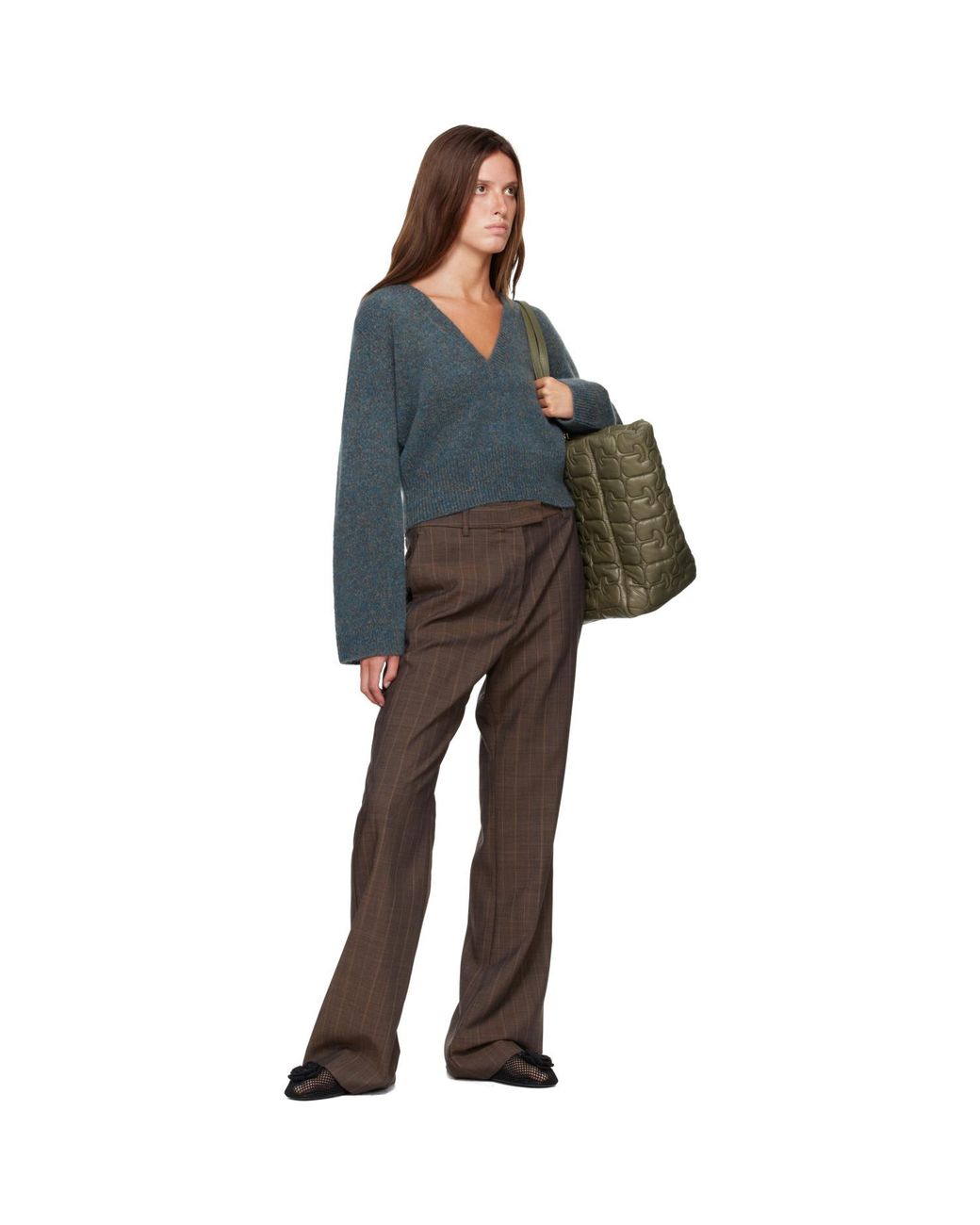 Ganni Gray Melange Mohair Deep V-Neck Sweater
