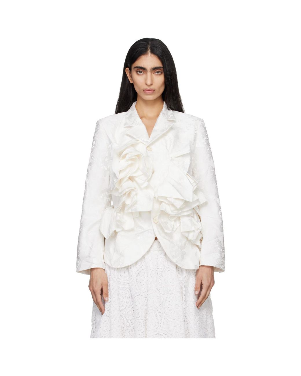 Comme des Garçons White Gros Grain Lace Pattern Garment Treated Blazer