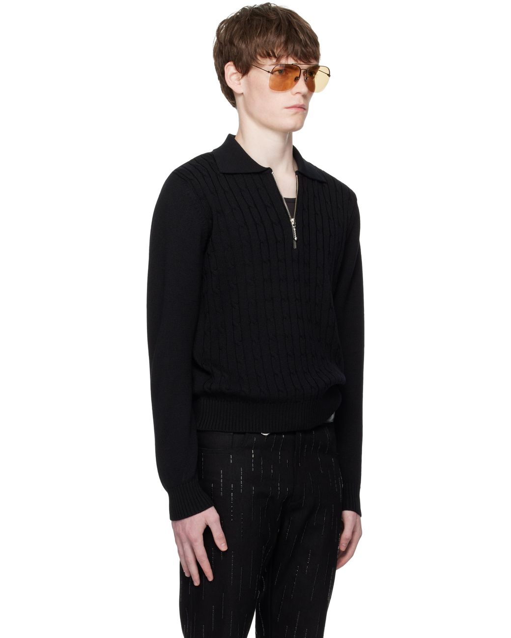 Ernest W. Baker Cable Knit Zip Polo in Black for Men | Lyst
