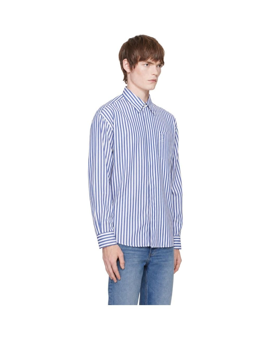 AMI Blue Large Striped Embossed Ami De Coeur Shirt for men