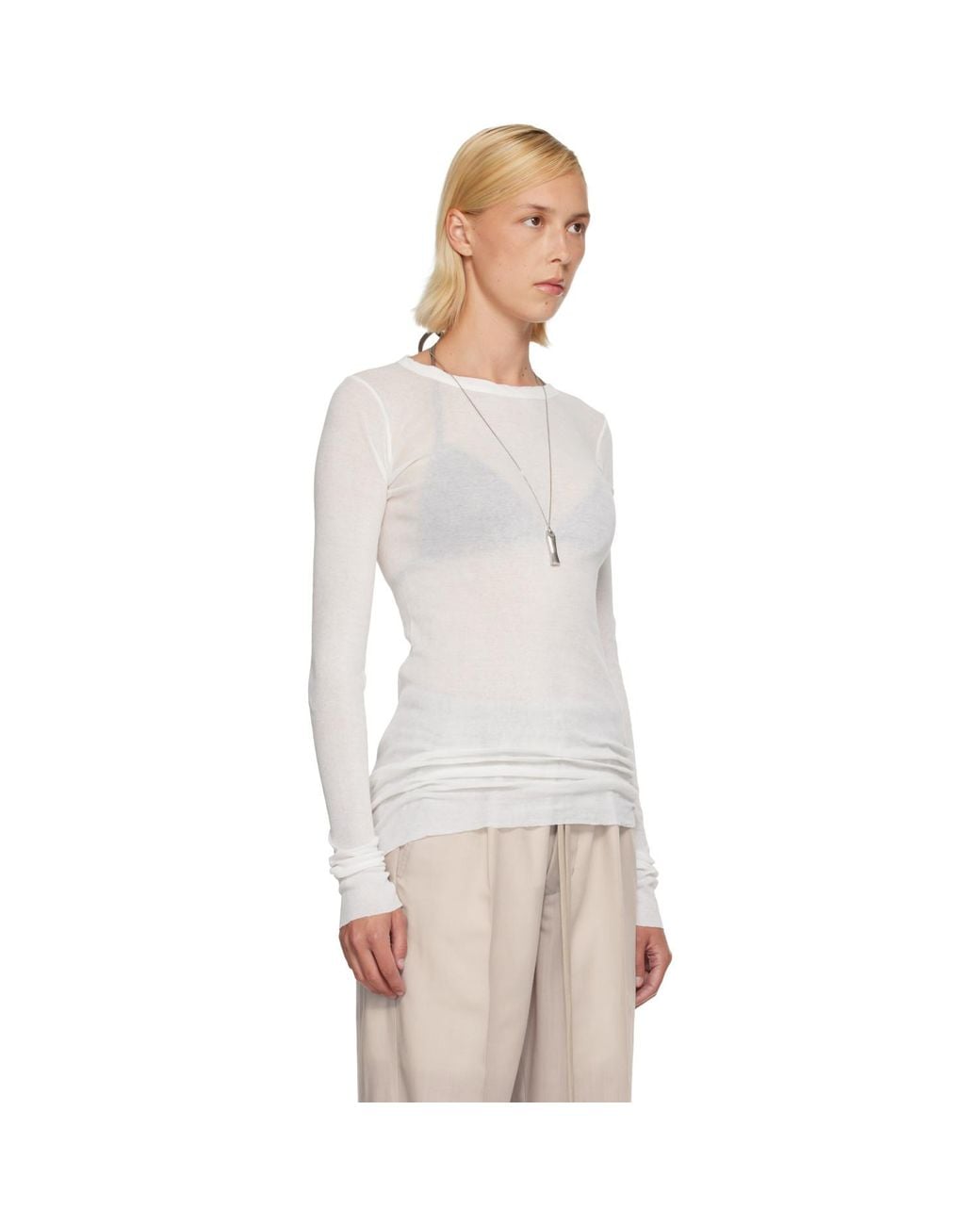 Rick Owens White Off- Tower Rib Ls T-Shirt