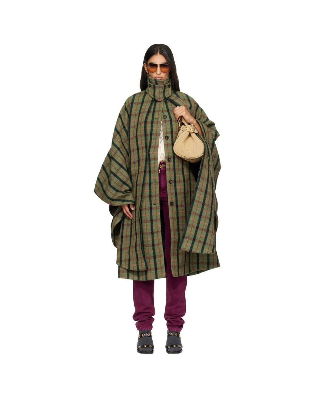 Chloé Green Khaki Layered Long Cape Coat
