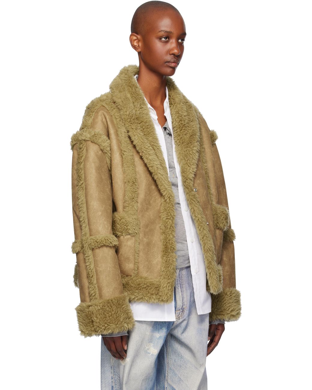 [OPEN YY] / ☆ 24FW PANELED FAUX-SHEARLING JACKET / BROWN OPEN YY Tan Paneled Faux-Shearling Jacket in Brown | Lyst
