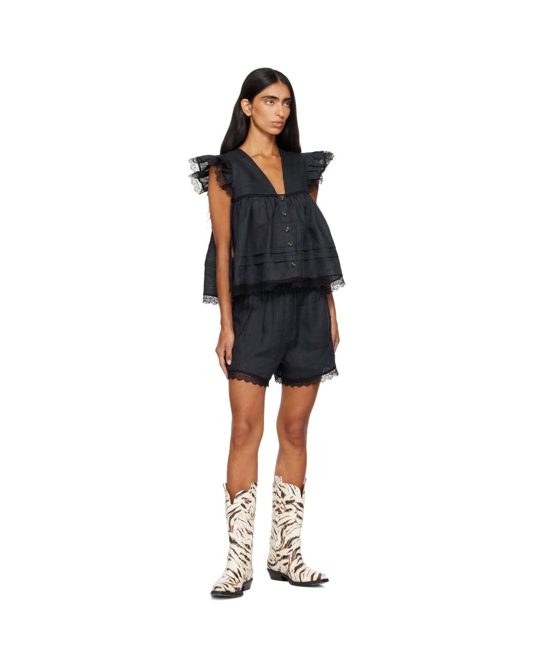 Ganni Brown Off- Mid Shaft Embroidered Western Boots
