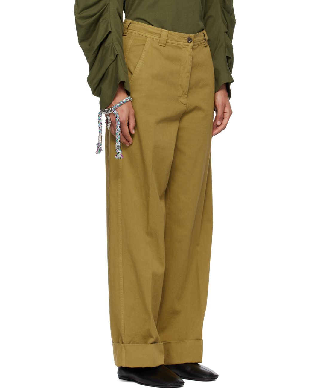 Dries Van Noten Green Khaki Cuffed Cotton Trousers