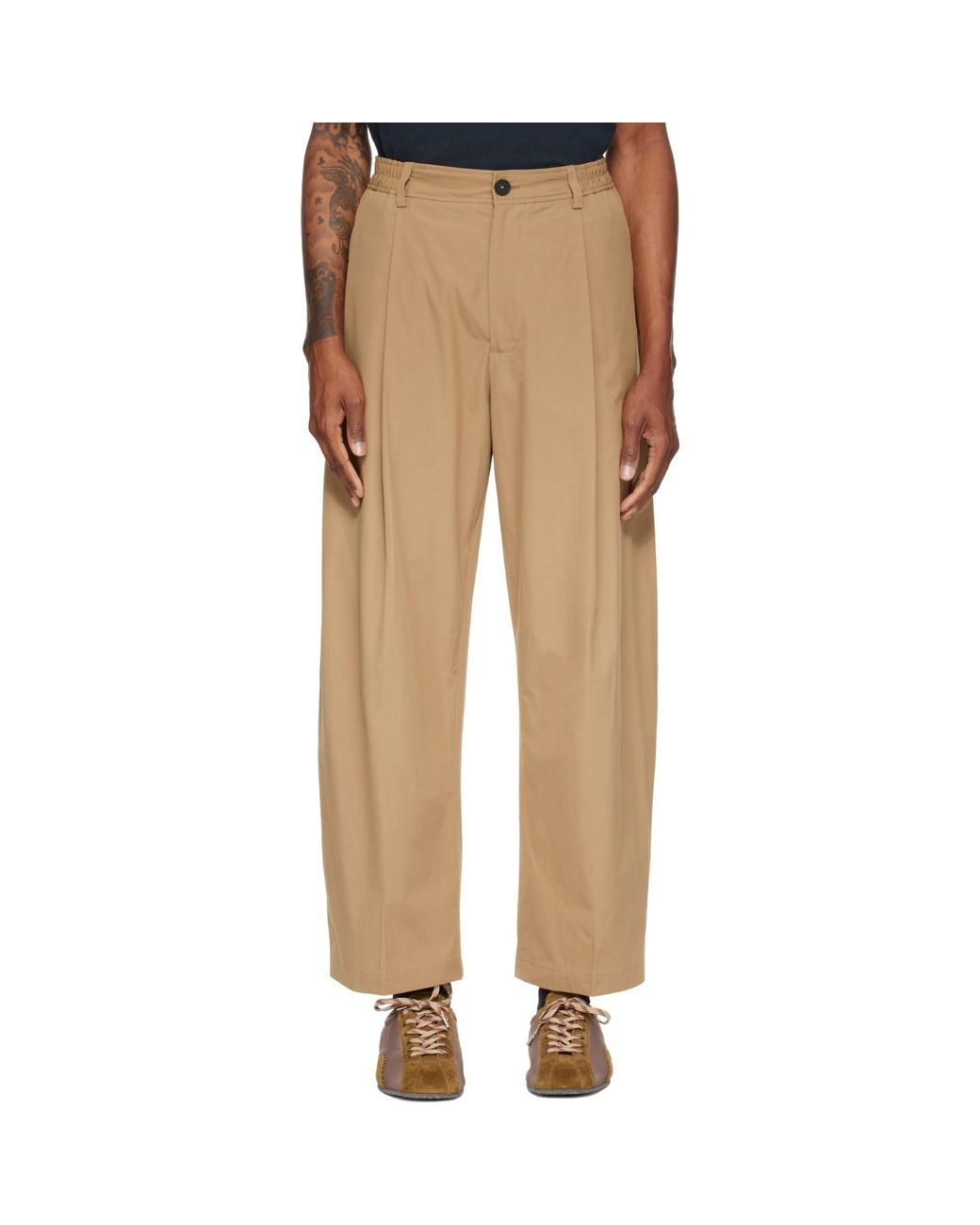 Studio Nicholson Natural Tan Shire Cotton Pleated Trousers for men