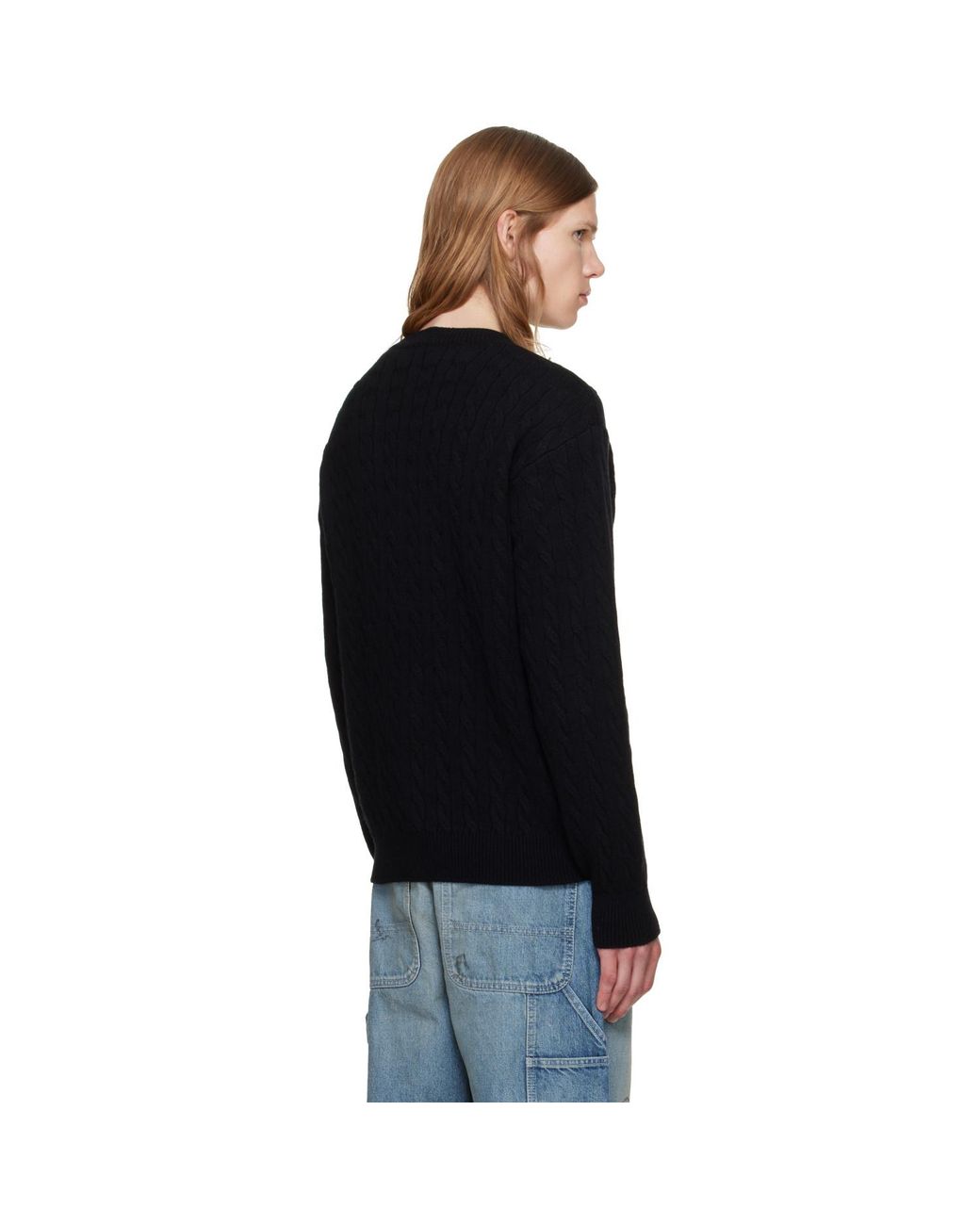 vowels Black Cable Knit Crewneck Sweater for men