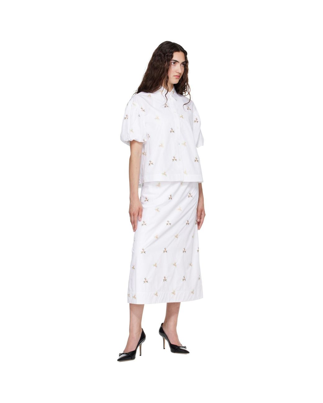 Simone Rocha White Cropped Rosebud Puff Sleeve Lace Trim Shirt