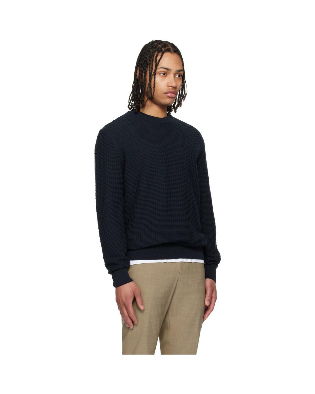 Boss Blue Cotton Knitted Structure Sweater for men
