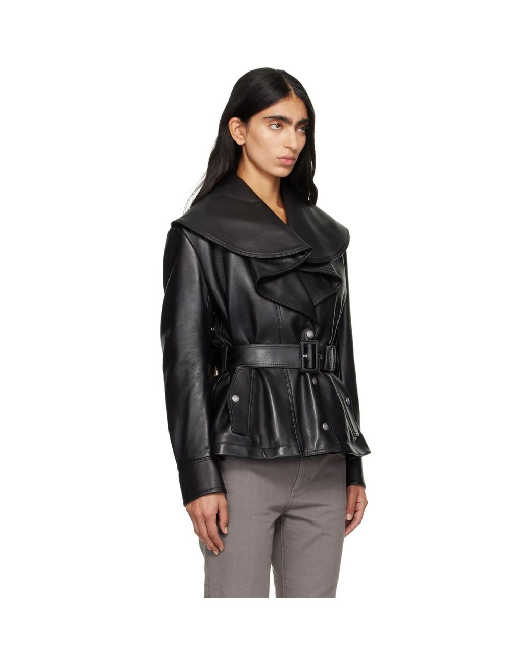 McQueen Black Draped Collar Leather Jacket