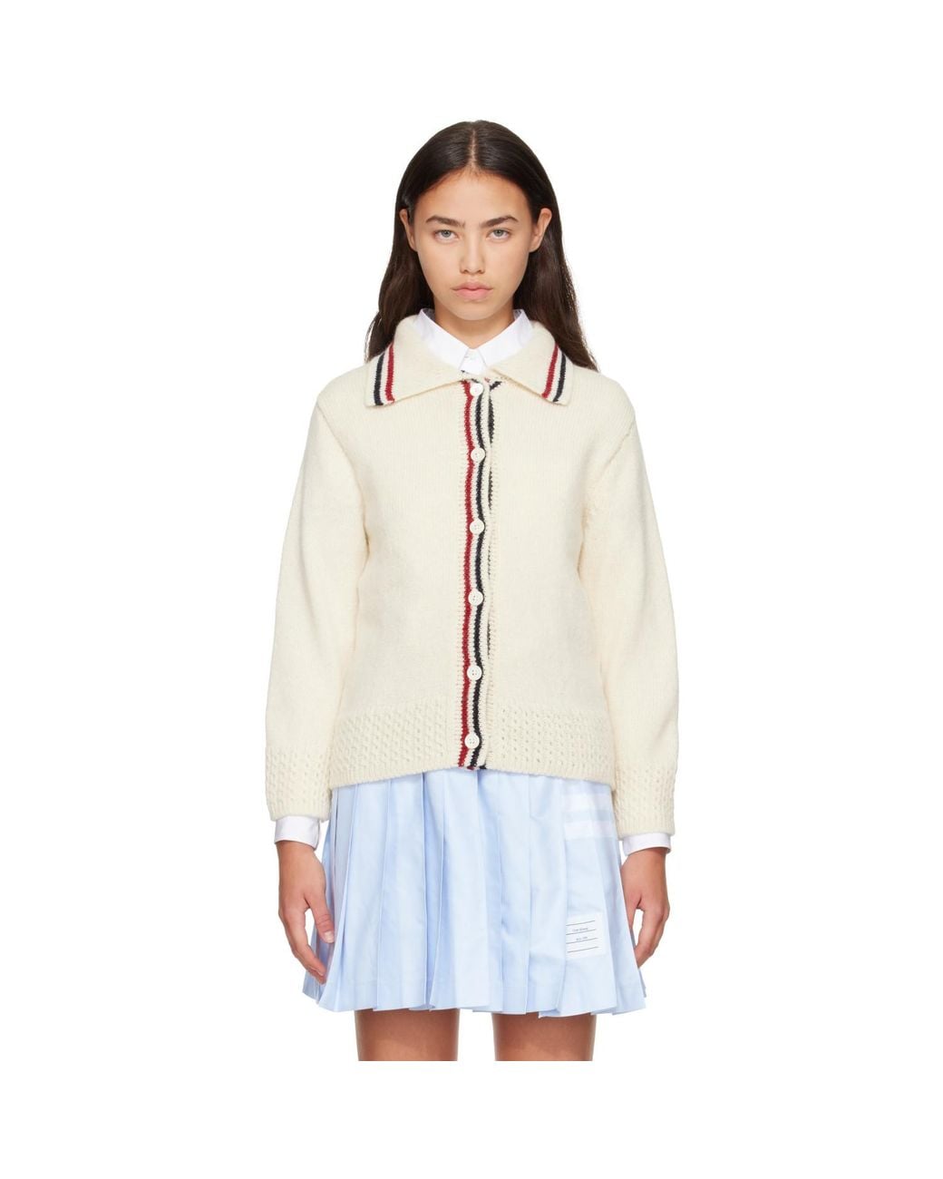 Thom Browne White Off- Donegal Rwb Stripe Hector Pointelle Cardigan
