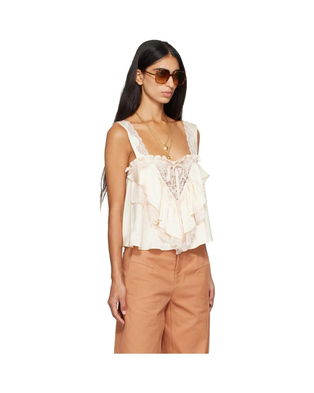 Chloé White Off- Sleeveless Ruffle Top
